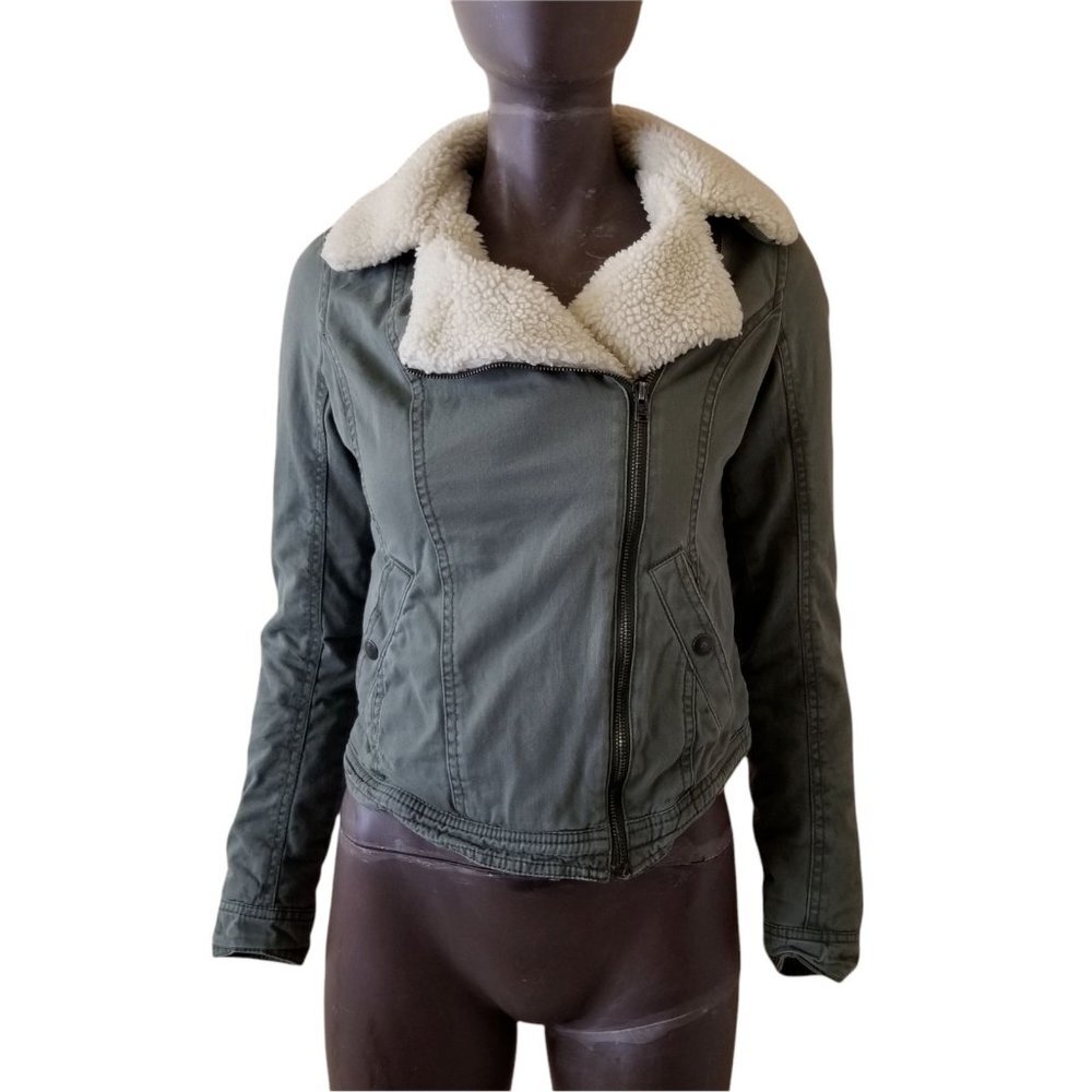 HOLLISTER Malaga Beach Jacket Womens Olive Green Faux Lambs Wool Crop Small